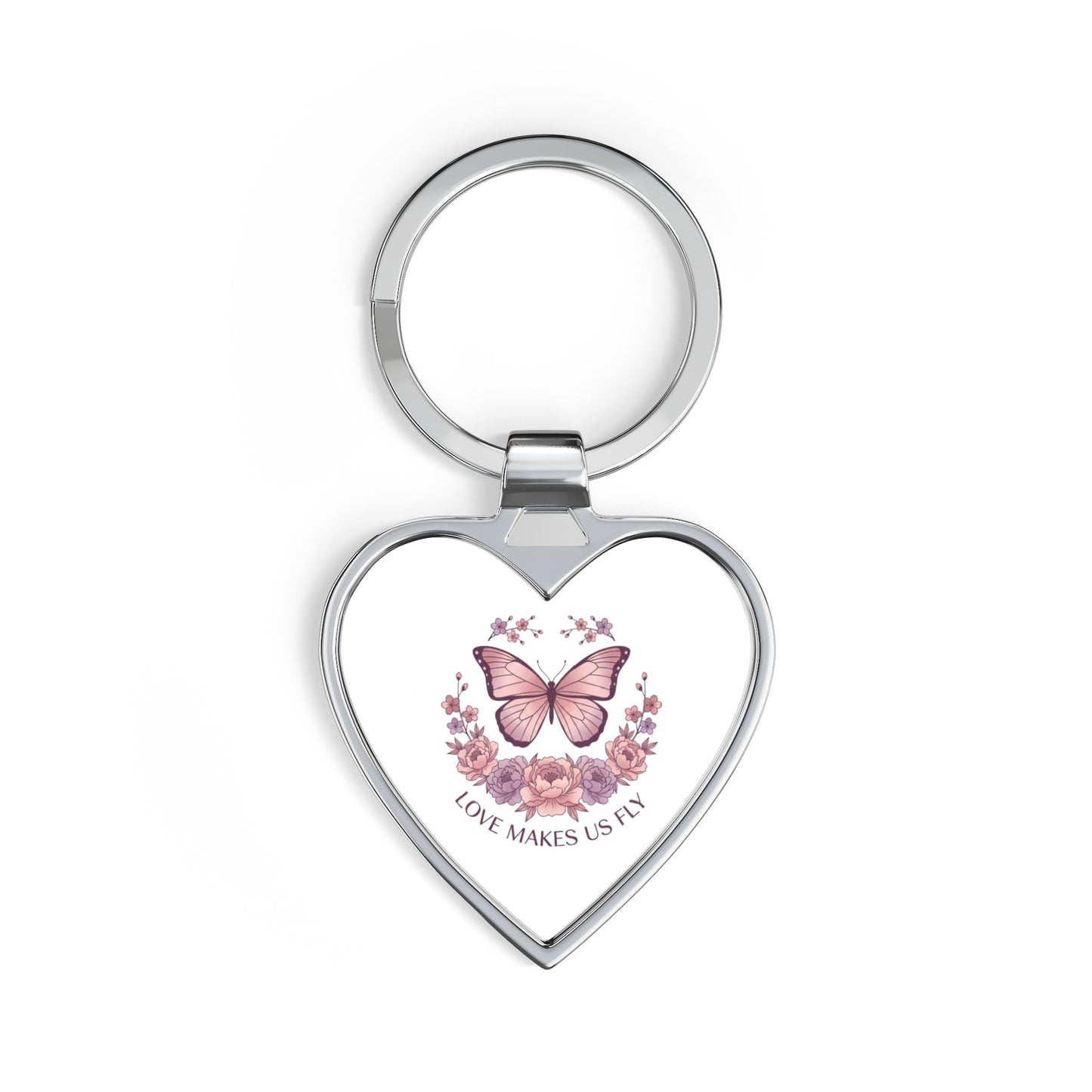Heart Keychain — Pink Butterfly "Love Makes Us Fly" Floral Gift