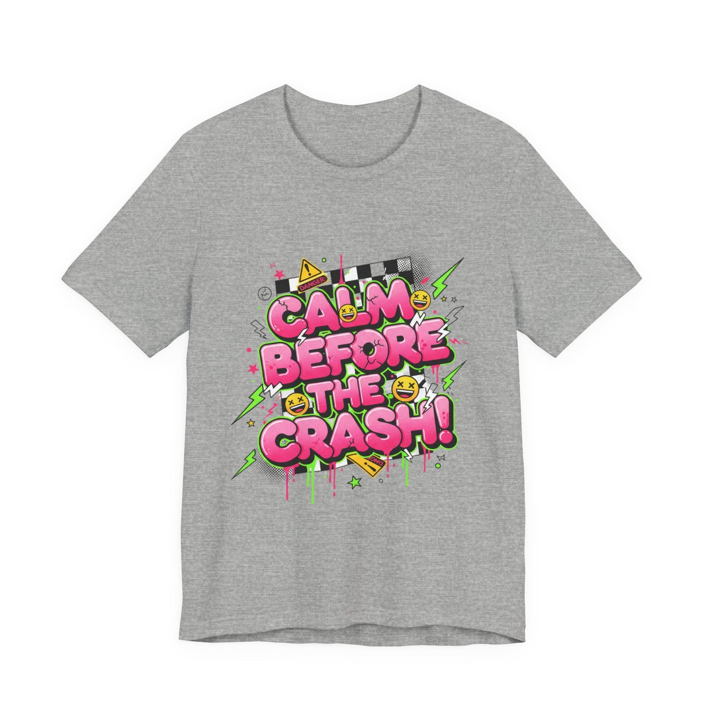 Calm Before the Crash T‑Shirt | neon checkerboard meltdown shirt