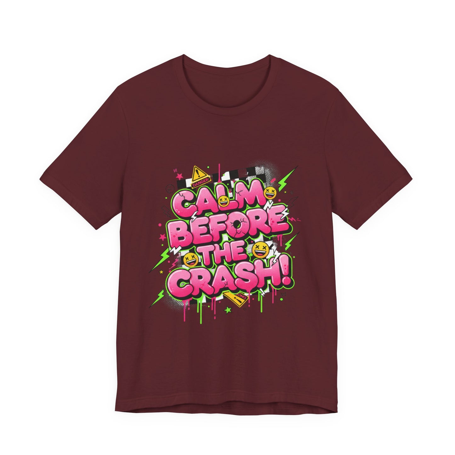 Calm Before the Crash T‑Shirt | neon checkerboard meltdown shirt