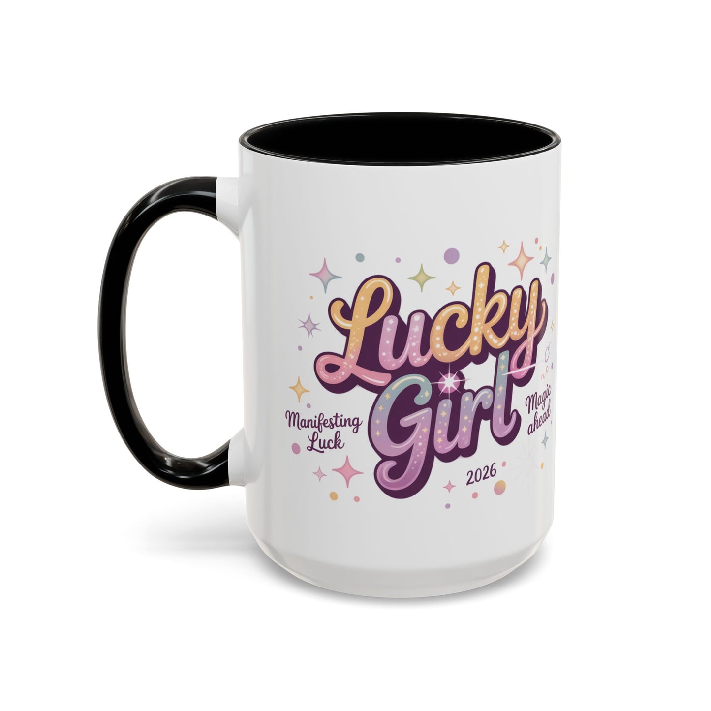 Lucky Girl Accent Coffee Mug — Cute Retro Sparkle Design (11/15oz)
