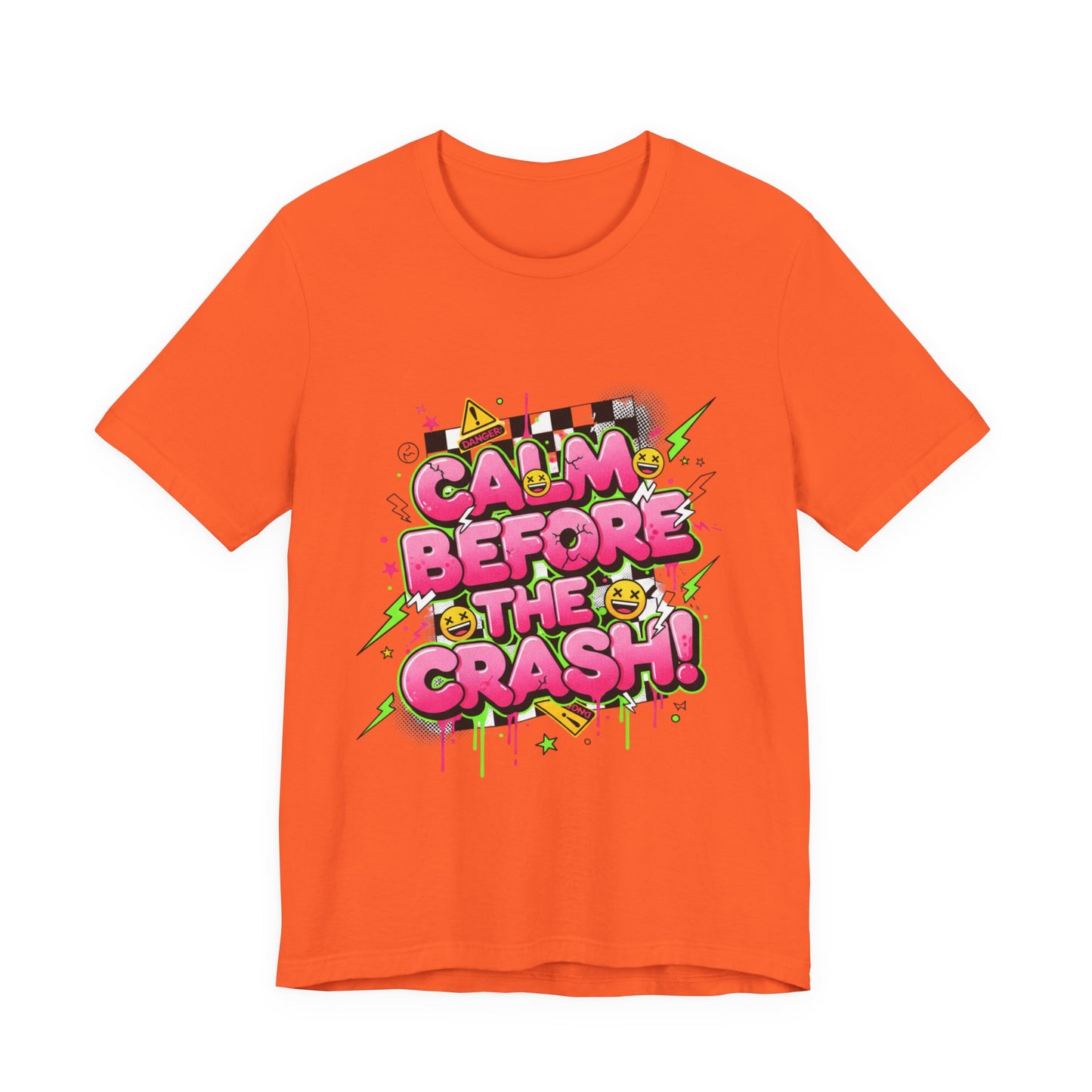 Calm Before the Crash T‑Shirt | neon checkerboard meltdown shirt