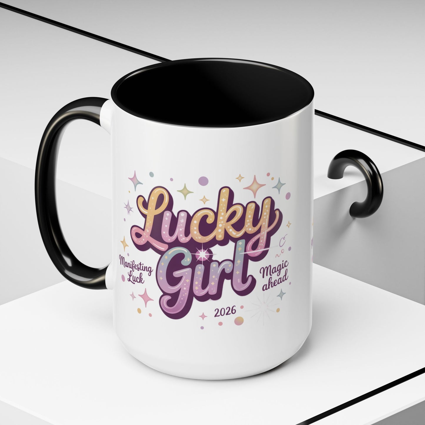 Lucky Girl Accent Coffee Mug — Cute Retro Sparkle Design (11/15oz)