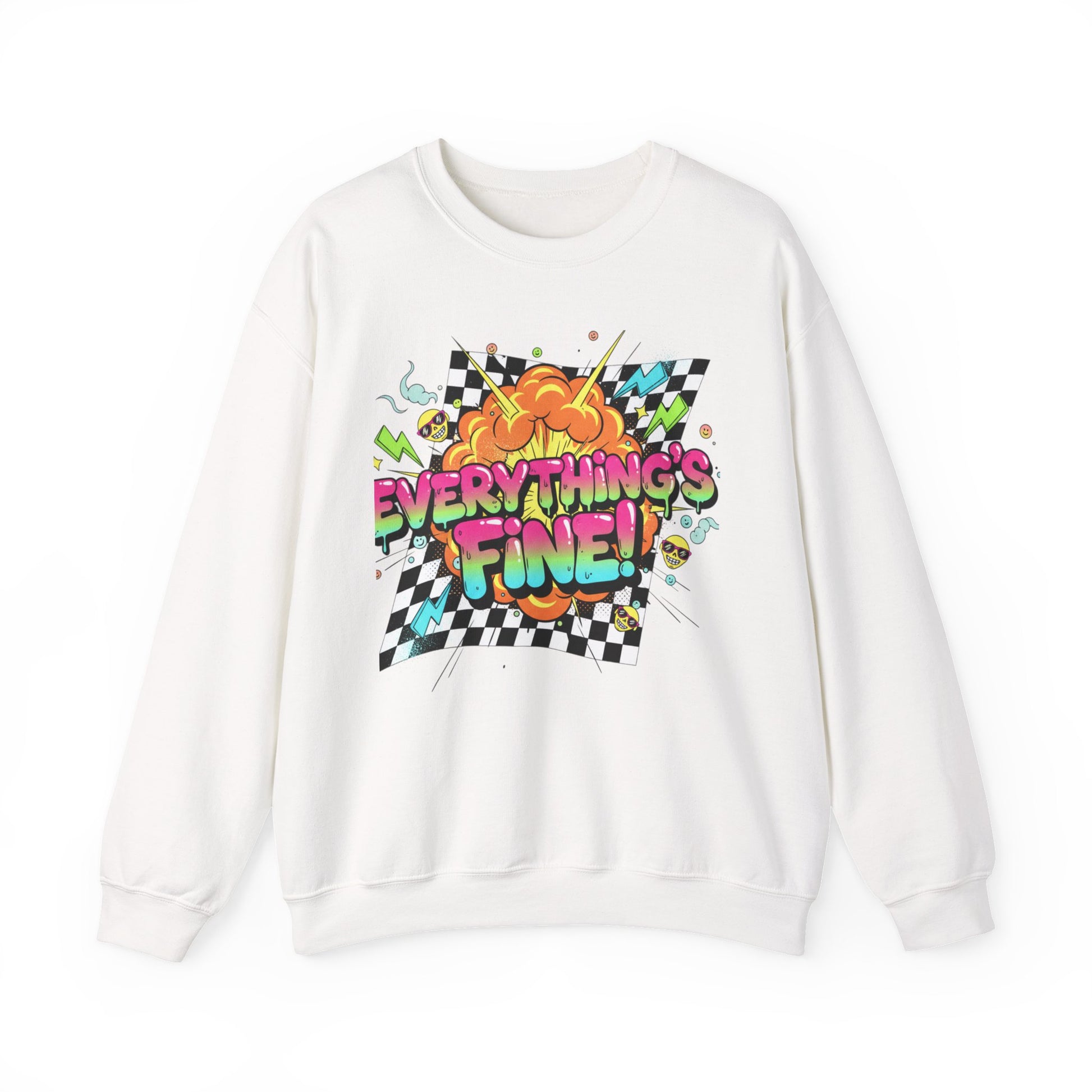 White sweatshirt with colorful graphic and 'Everything's Fine!' text on a white background