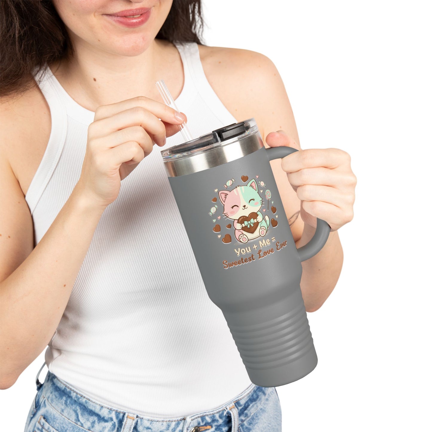40oz Insulated Travel Mug — Cute Cat "You're Mine Sweetest Love Ever" Thermal Tumbler