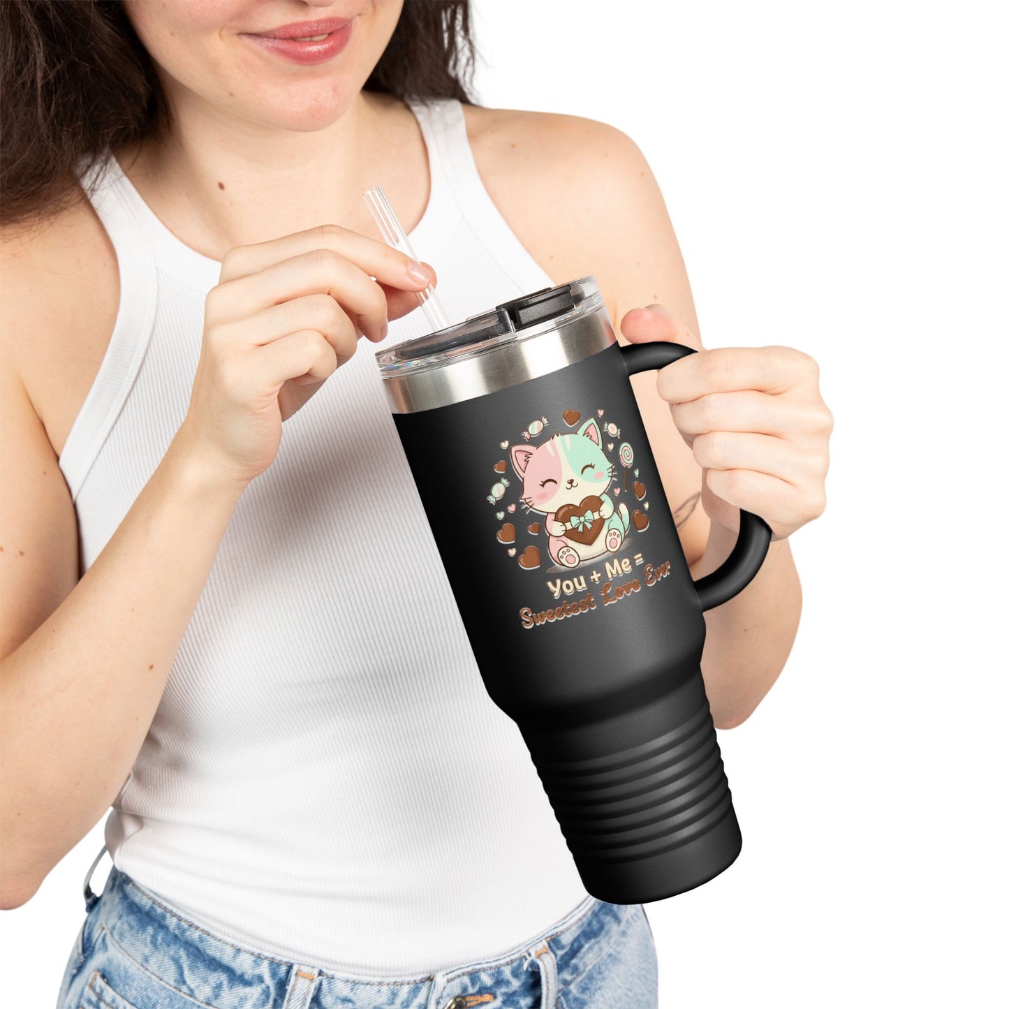 40oz Insulated Travel Mug — Cute Cat "You're Mine Sweetest Love Ever" Thermal Tumbler