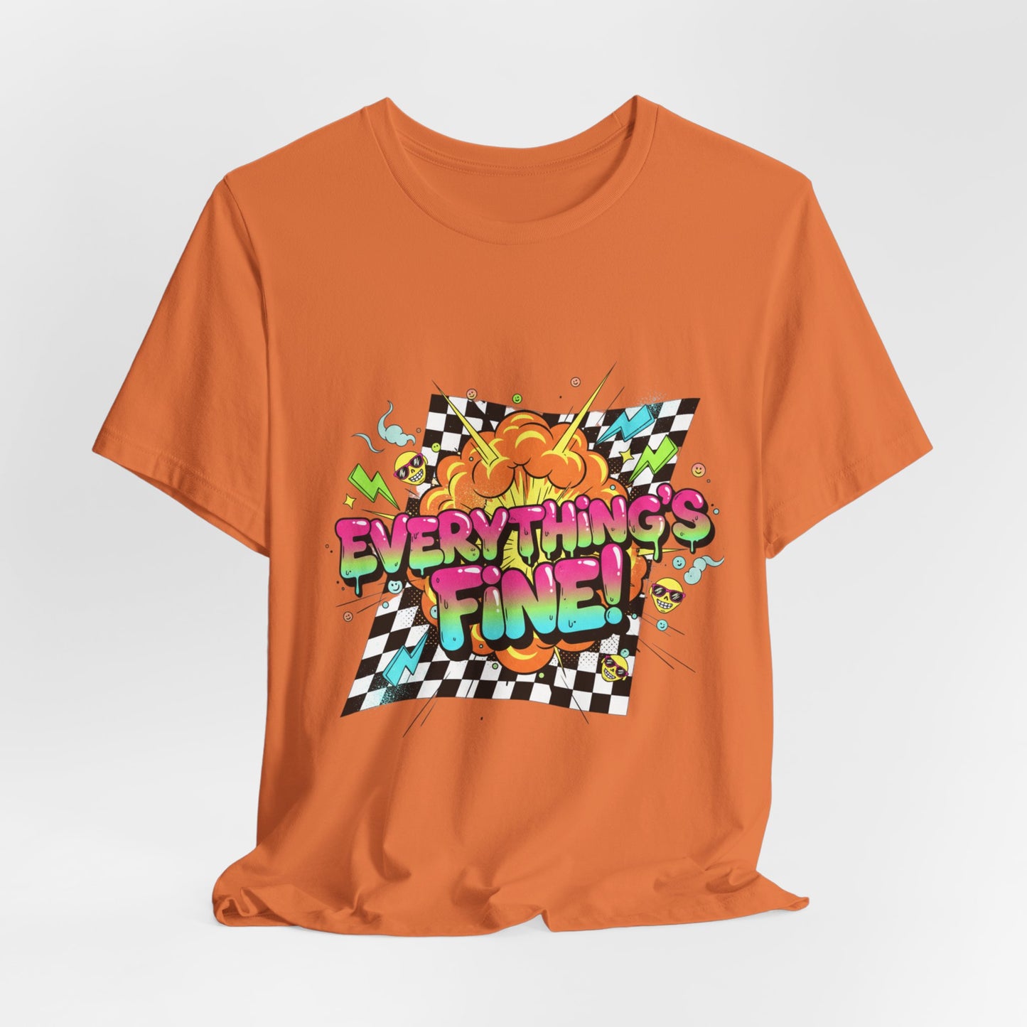 Everything's Fine Tee | crash out meltdown shirt, neon graffiti checkerboard