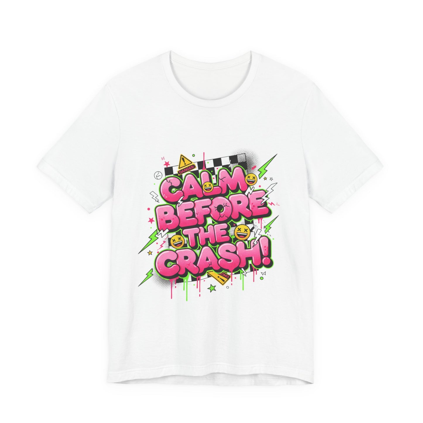 Calm Before the Crash T‑Shirt | neon checkerboard meltdown shirt