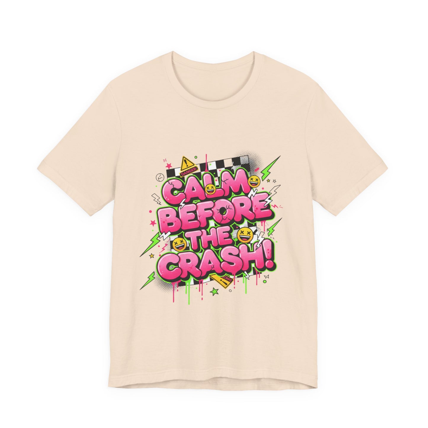 Calm Before the Crash T‑Shirt | neon checkerboard meltdown shirt