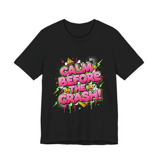 Calm Before the Crash T‑Shirt | neon checkerboard meltdown shirt