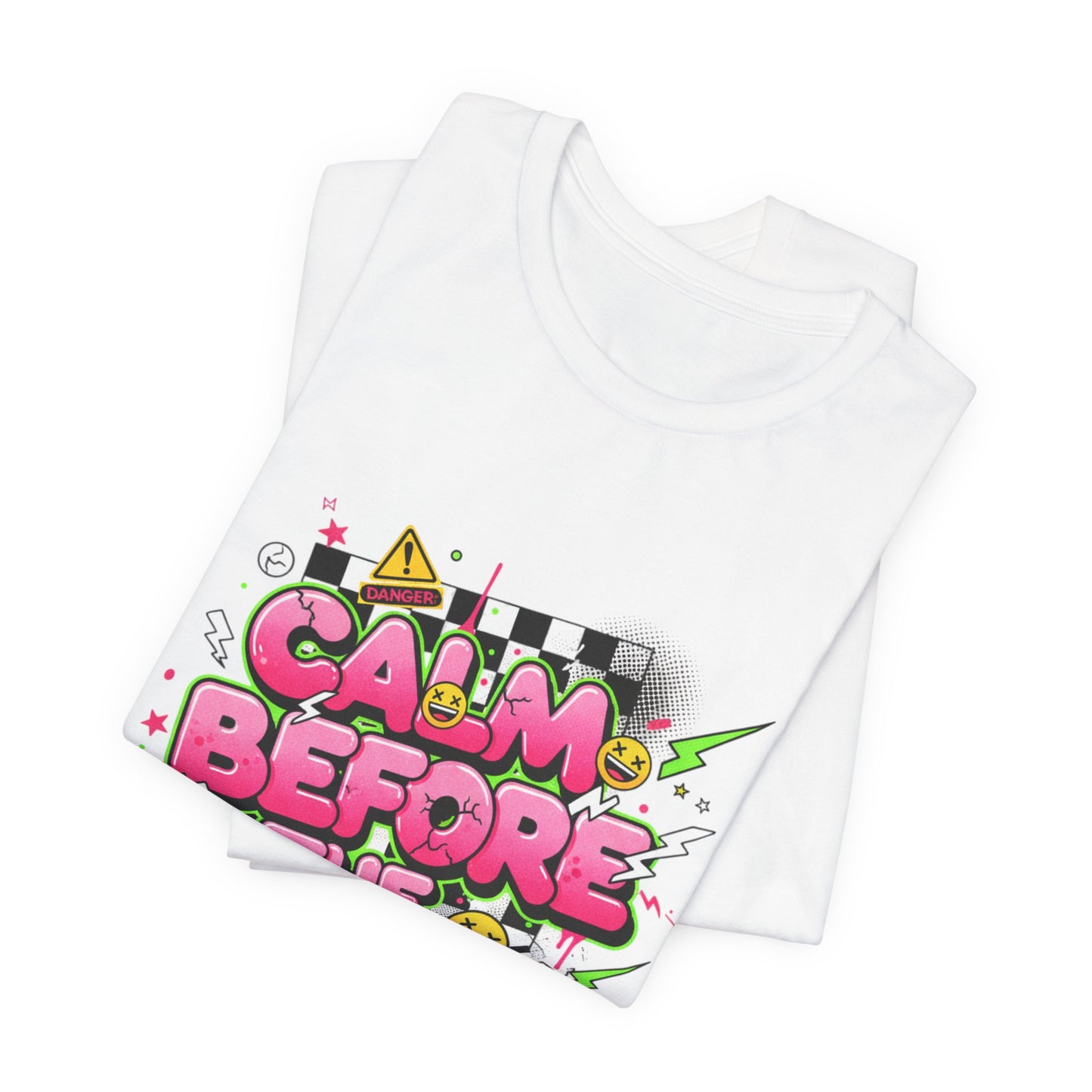 Calm Before the Crash T‑Shirt | neon checkerboard meltdown shirt