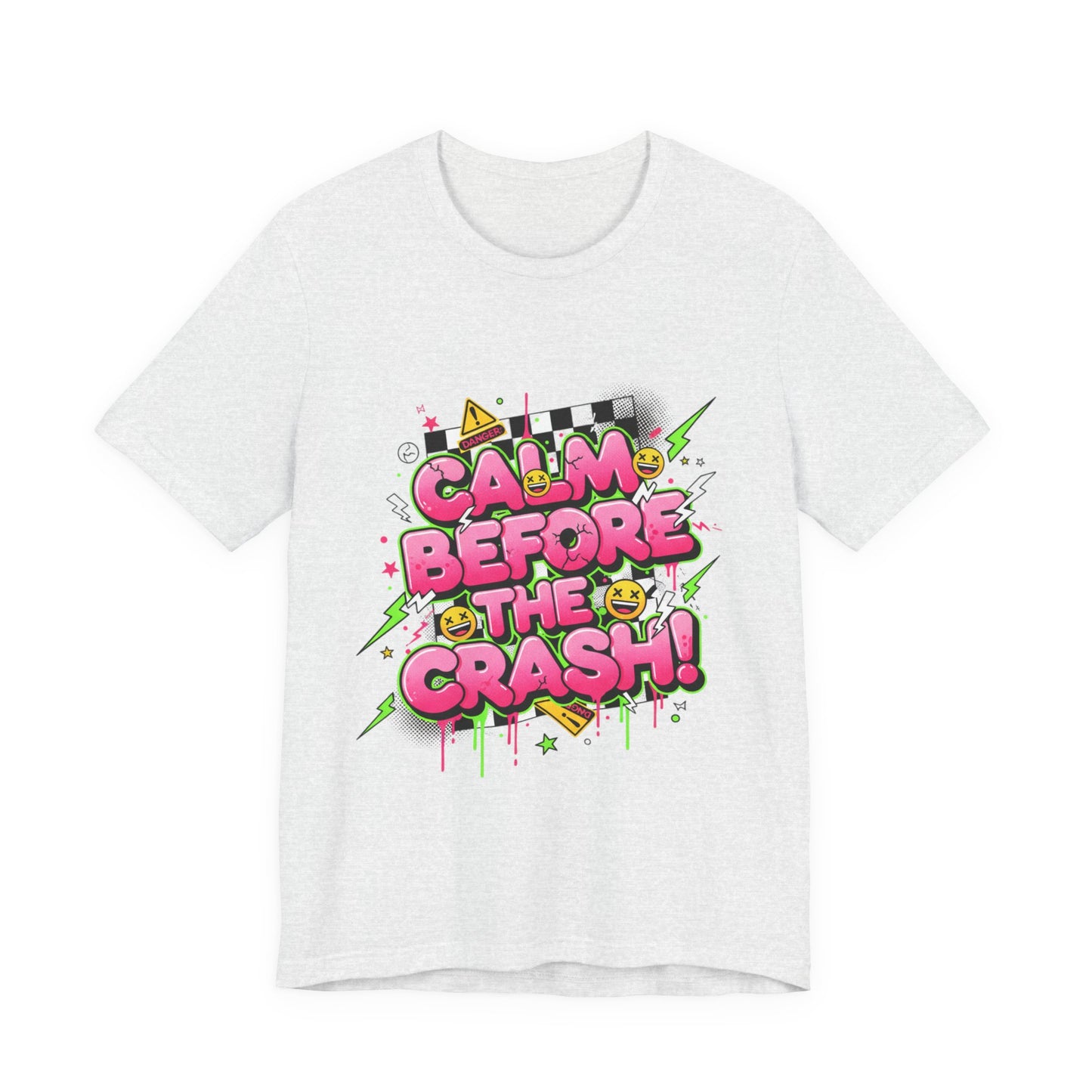 Calm Before the Crash T‑Shirt | neon checkerboard meltdown shirt