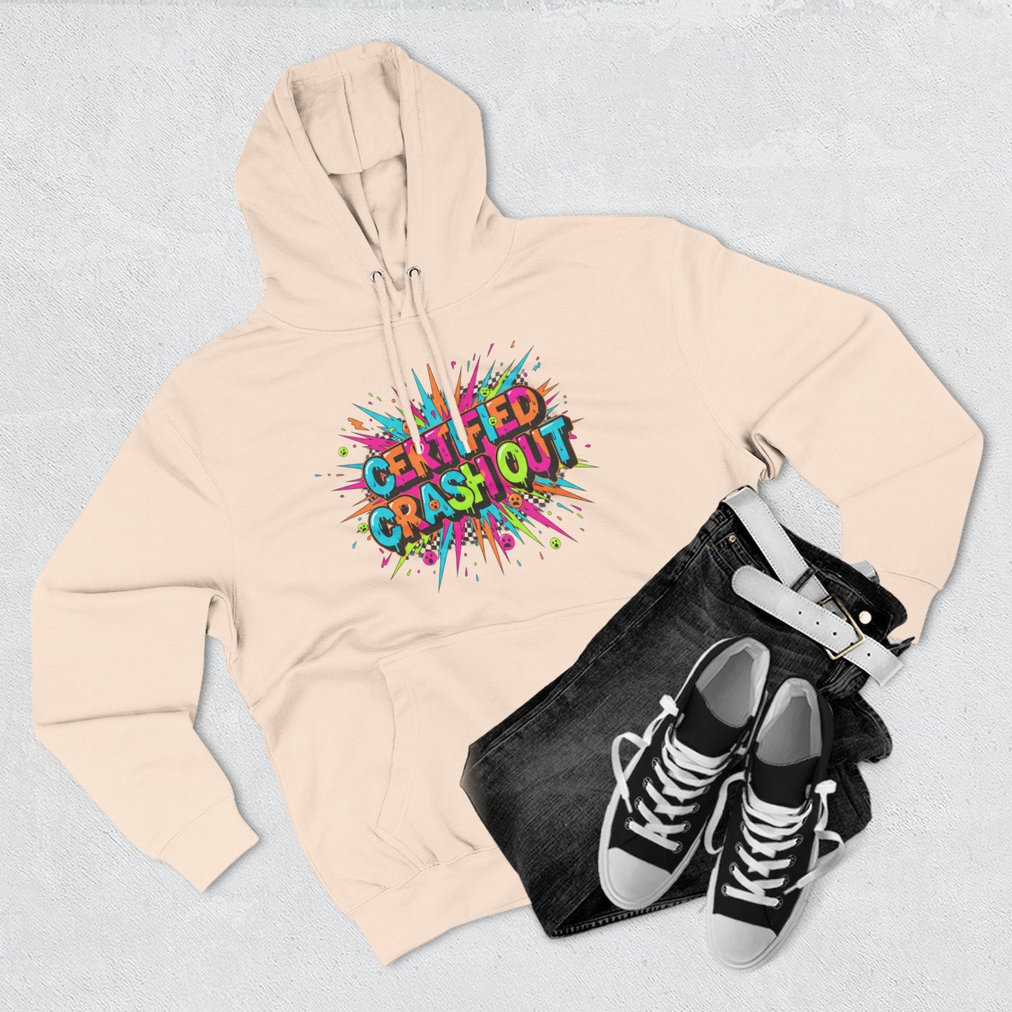 Certified Crash Out Hoodie — Colorful Splash Graphic Fleece Hooded Sweatshirt