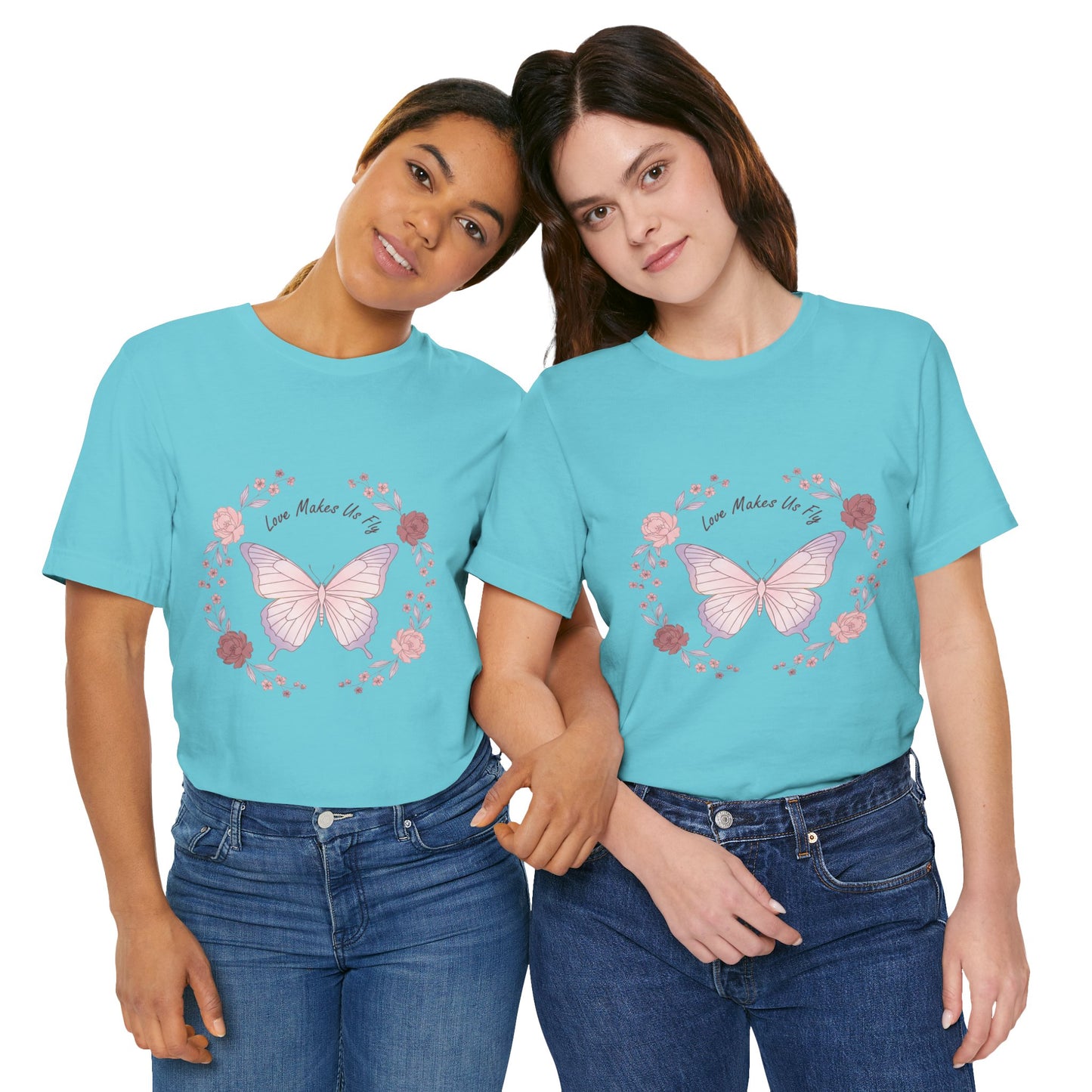 Love Makes Us Fly Butterfly T-Shirt — Floral Butterfly Love Tee