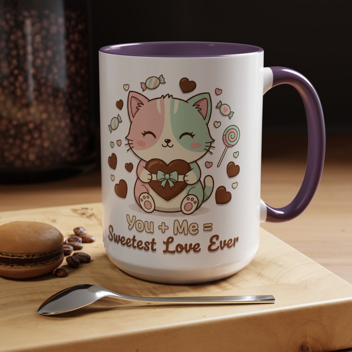 Sweetest Love Ever Accent Coffee Mug — "You + me = sweetest love ever" (11/15 oz)