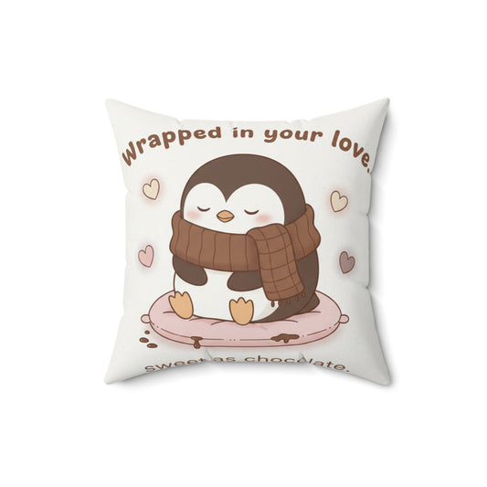 Penguin Chocolate Love Square Pillow — "Wrapped in Your Love Sweet as Chocokate"
