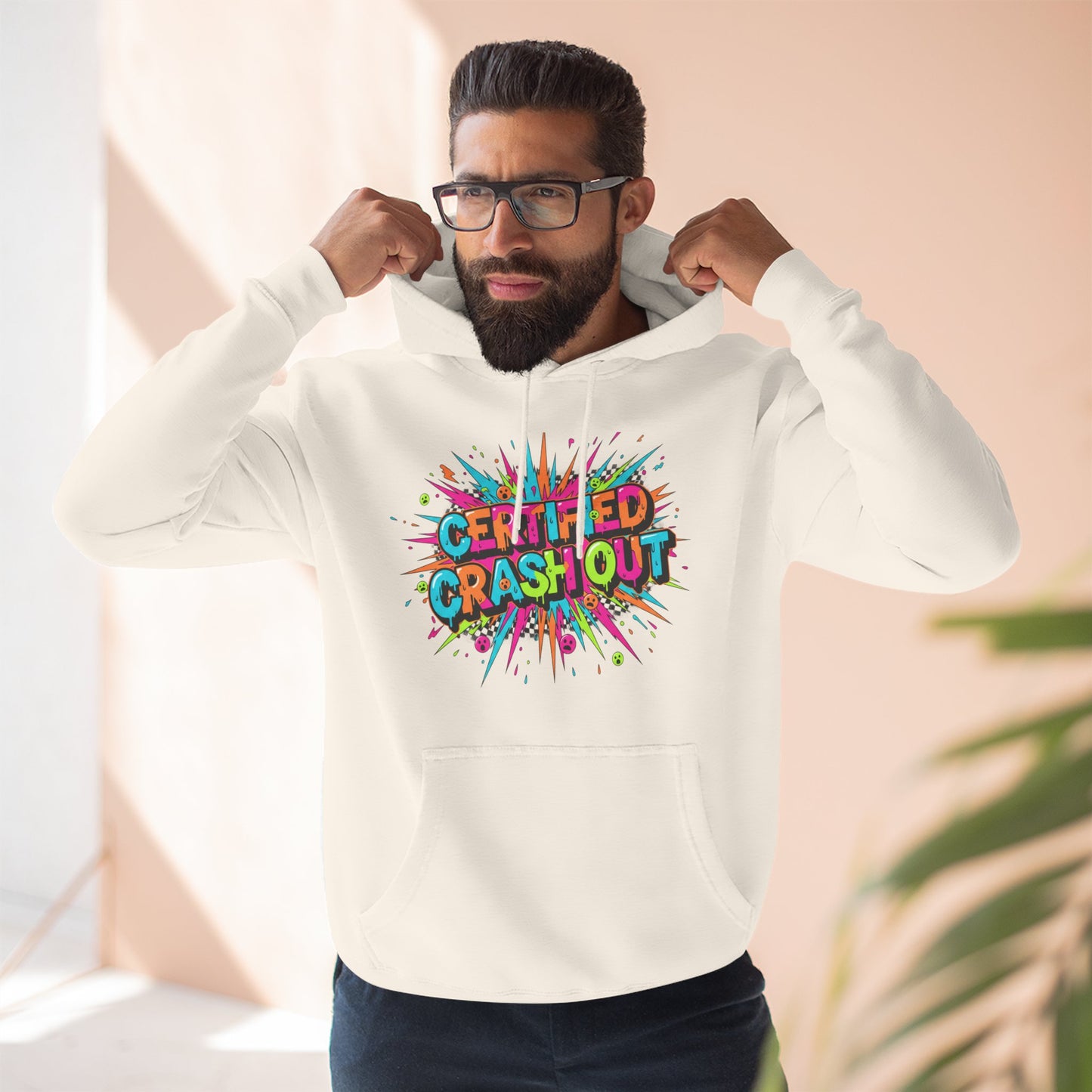 Certified Crash Out Hoodie — Colorful Splash Graphic Fleece Hooded Sweatshirt
