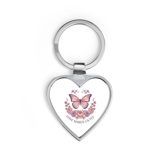 Heart Keychain — Pink Butterfly "Love Makes Us Fly" Floral Gift