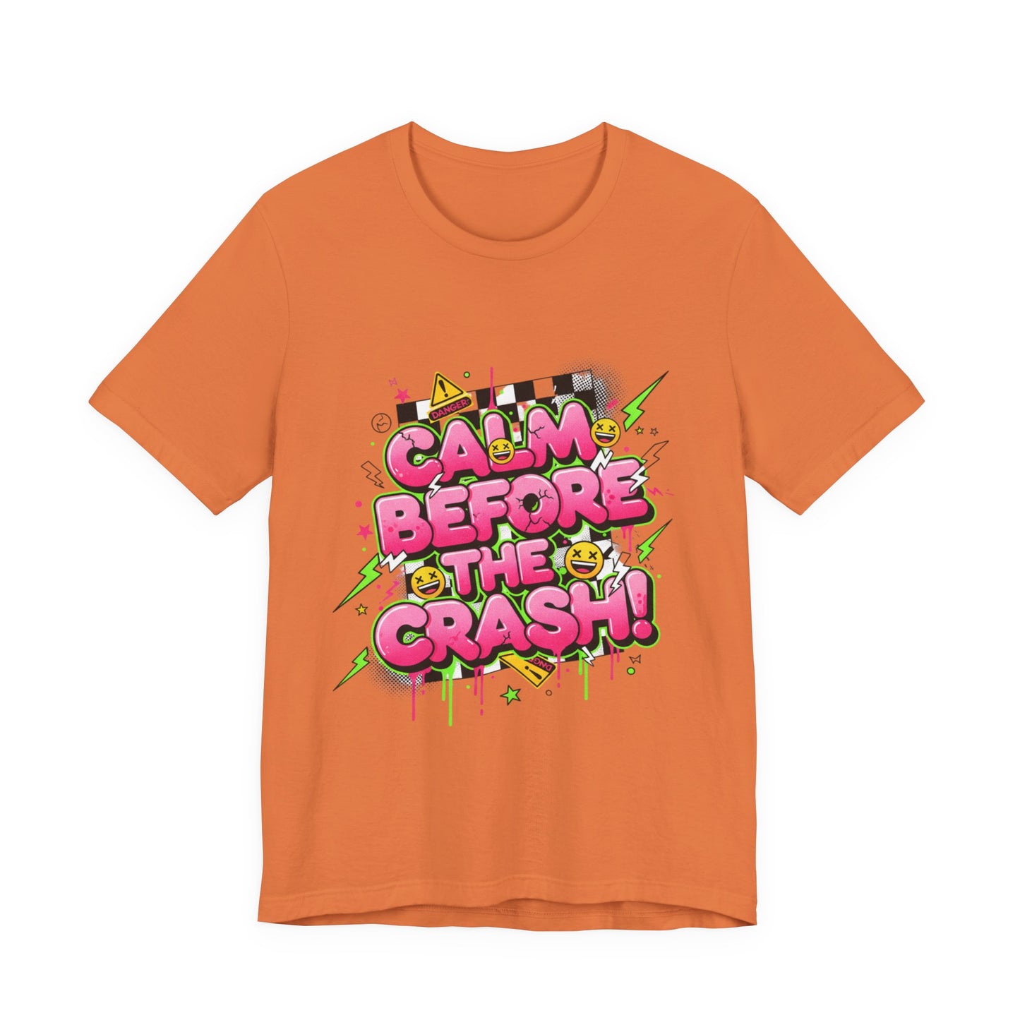 Calm Before the Crash T‑Shirt | neon checkerboard meltdown shirt
