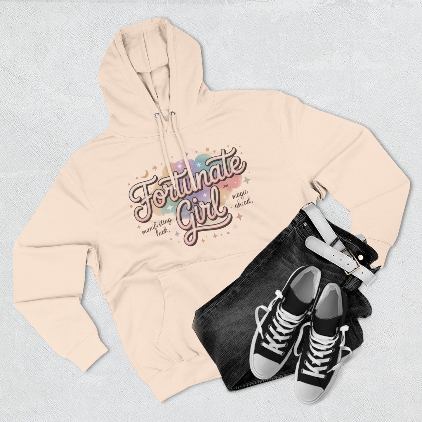 Fortunate Girl Hoodie — Cute Pastel Graphic Fleece Pullover