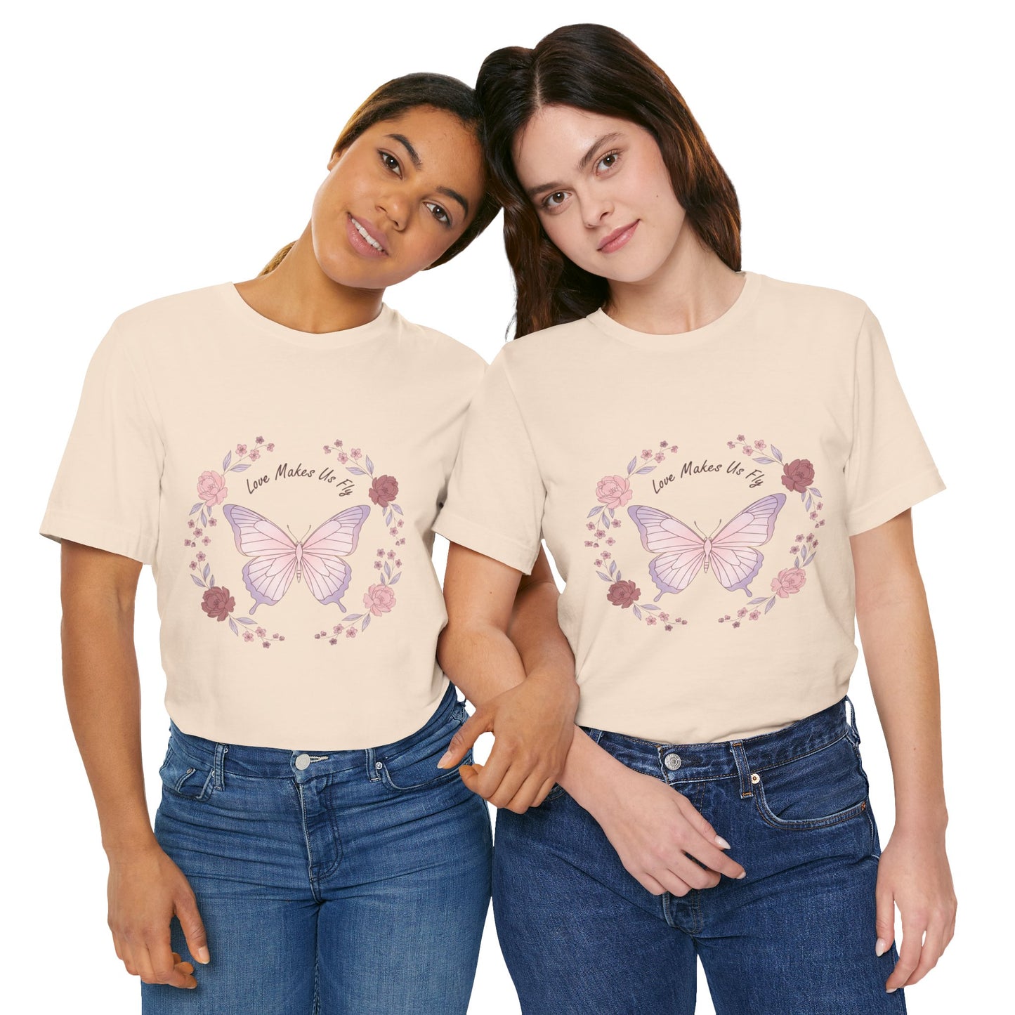 Love Makes Us Fly Butterfly T-Shirt — Floral Butterfly Love Tee