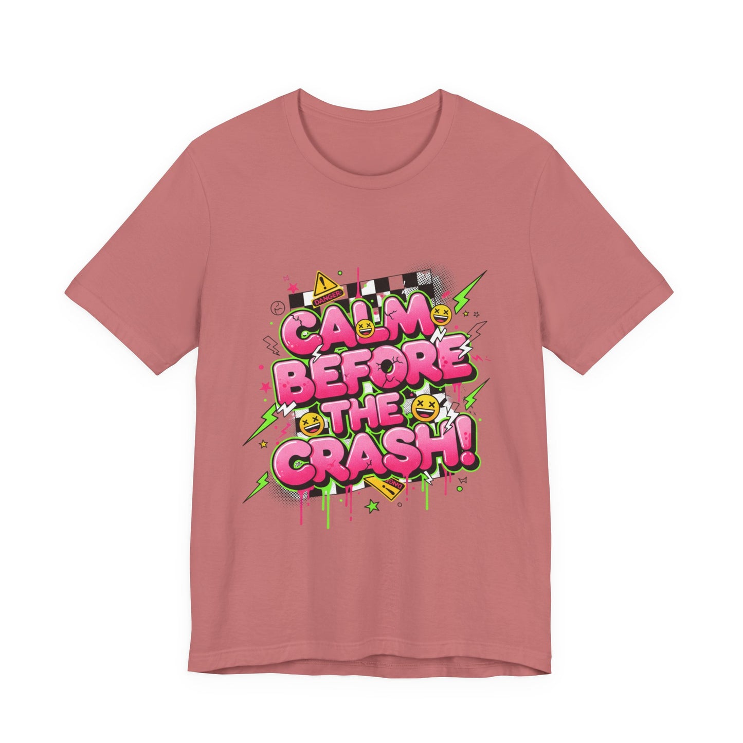 Calm Before the Crash T‑Shirt | neon checkerboard meltdown shirt