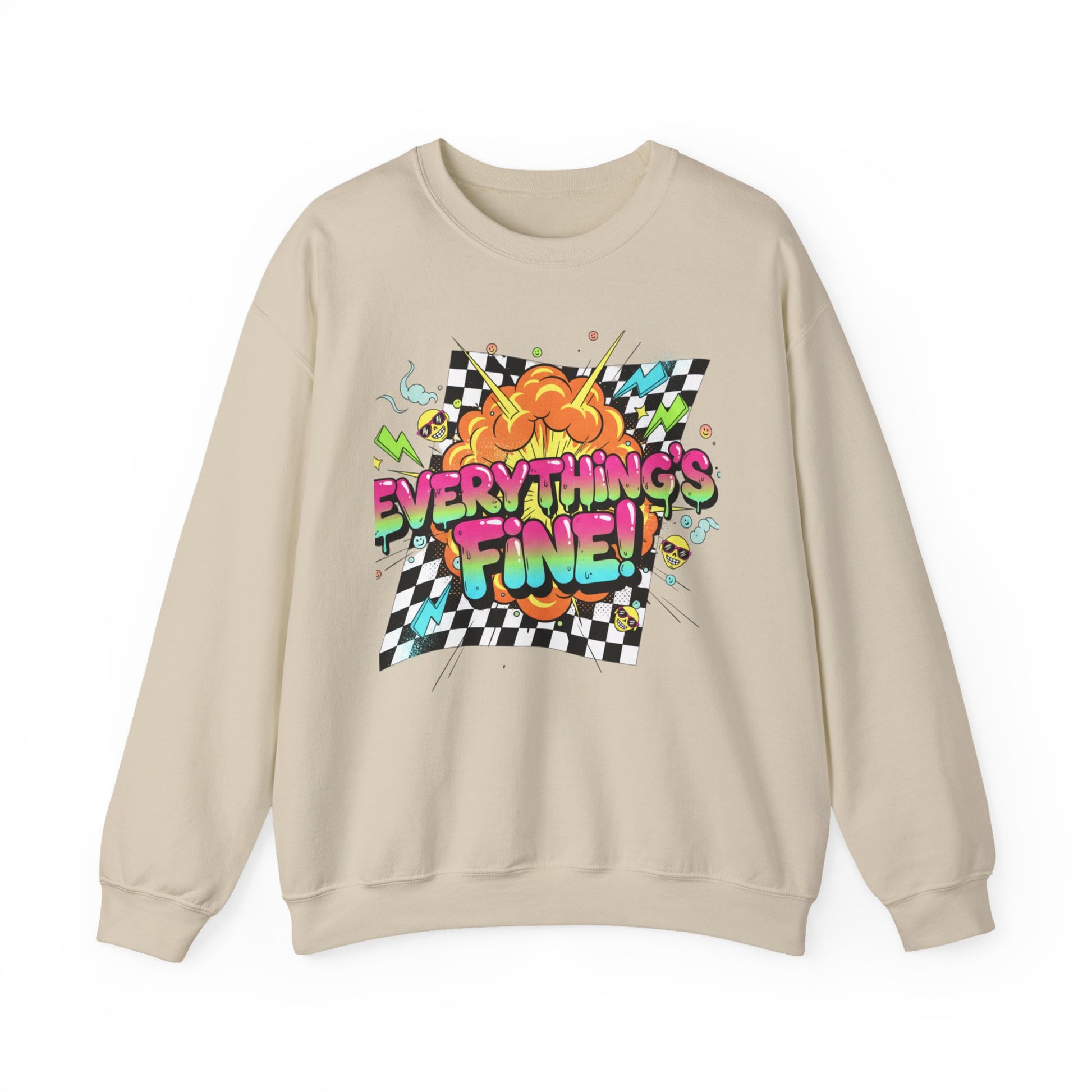 Beige sweatshirt with colorful graphic and 'Everything's Fine!' text on a white background