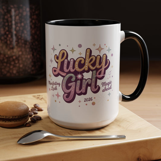 Lucky Girl Accent Coffee Mug — Cute Retro Sparkle Design (11/15oz)