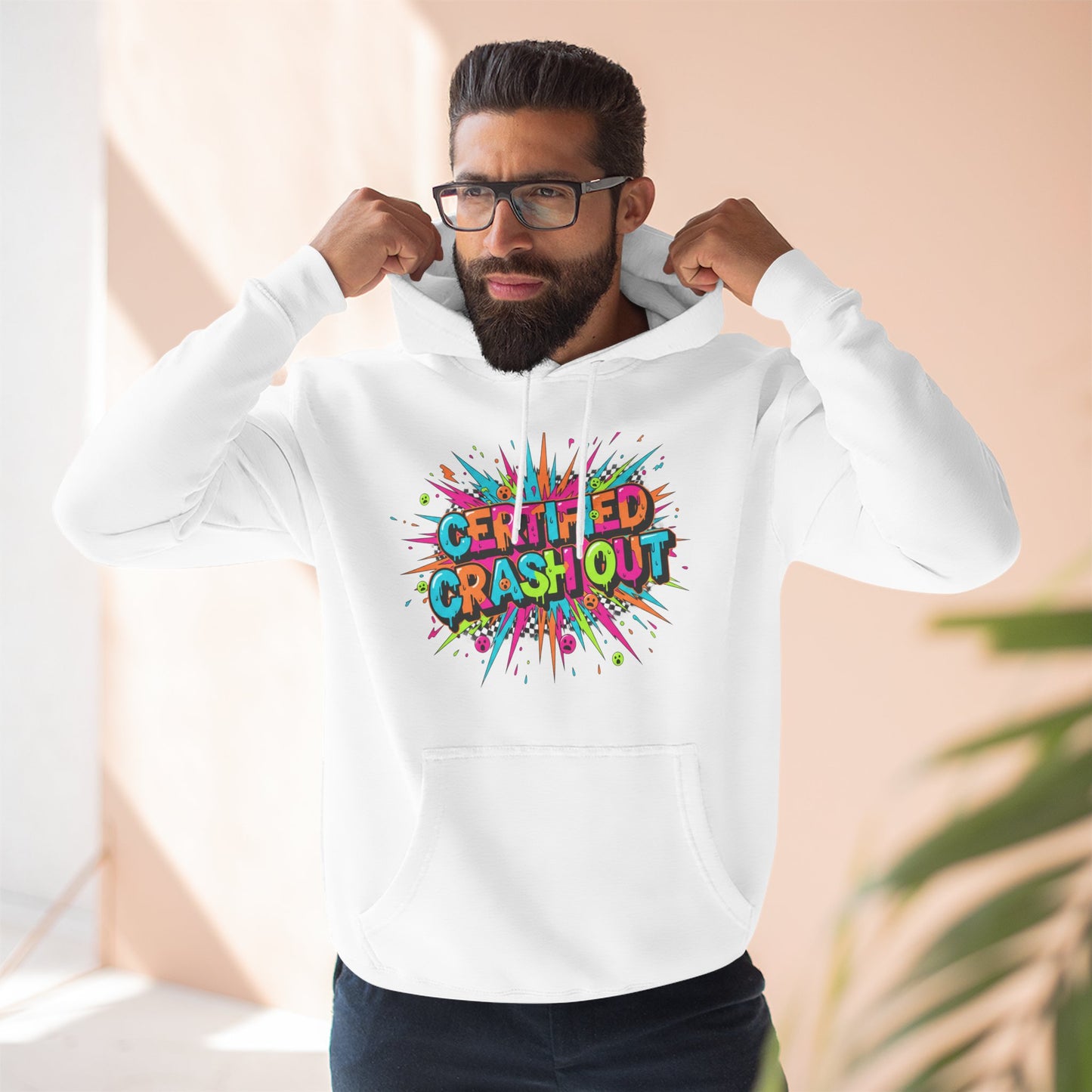 Certified Crash Out Hoodie — Colorful Splash Graphic Fleece Hooded Sweatshirt
