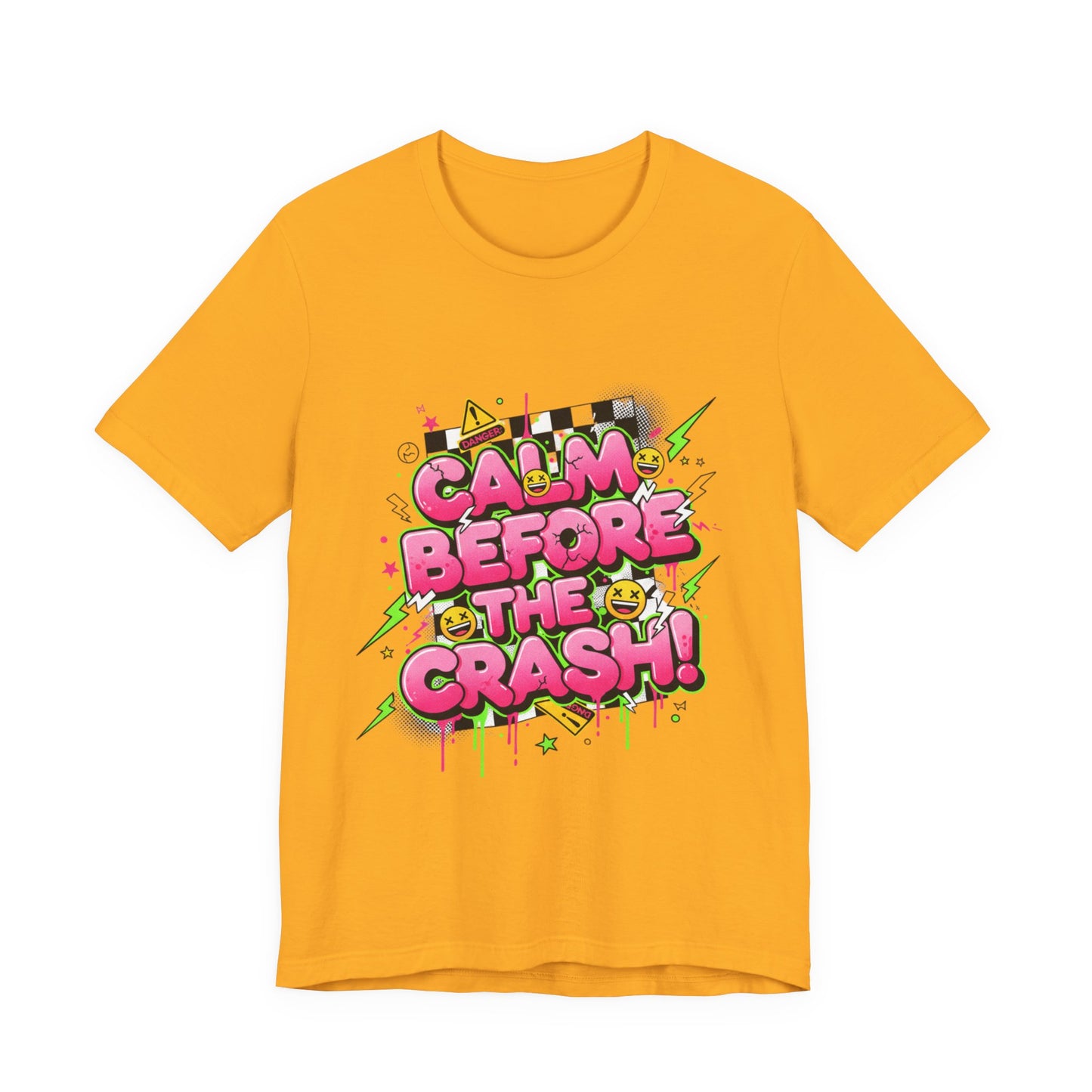 Calm Before the Crash T‑Shirt | neon checkerboard meltdown shirt