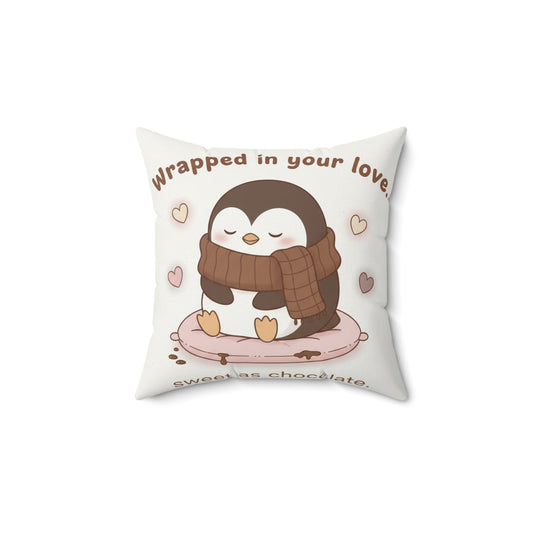 Penguin Chocolate Love Square Pillow — "Wrapped in Your Love Sweet as Chocokate"